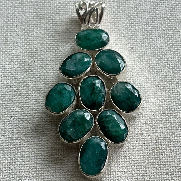 Sterling Silver 925 Multi-Stone Green Emerald Pendant – Statement Jewelry - Picture 1 of 4